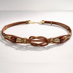 Boho leather braided rope belt, wood&brass bead accents, adjustable 29-37”, GUC